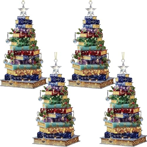 4PCS Book Christmas Tree Ornaments, 2D Acrylic Funny Book Stack Christmas Ornaments, Stacked Books Hanging Decoration, Colorful Books-Themed Decoration, Funny Home Party Decor
