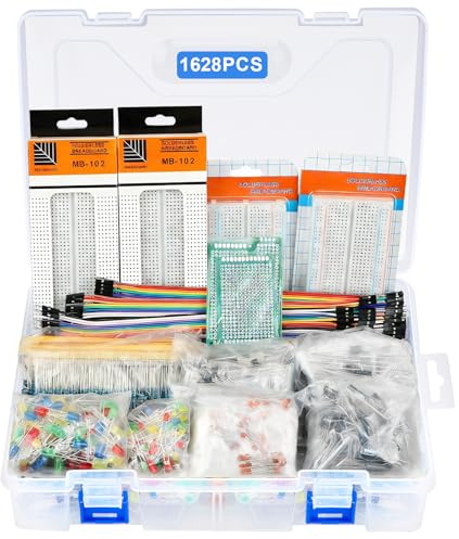 1628 PCS 9 Type Electronic Component Kit with Clear Box, Breadboard/Arduino kit, 3&5mm LED Diodes, Ceramic Capacitors, Electrolytic Capacitors, Resistor, Transistor, DuPont Wires, Circuit Boards, PCBS