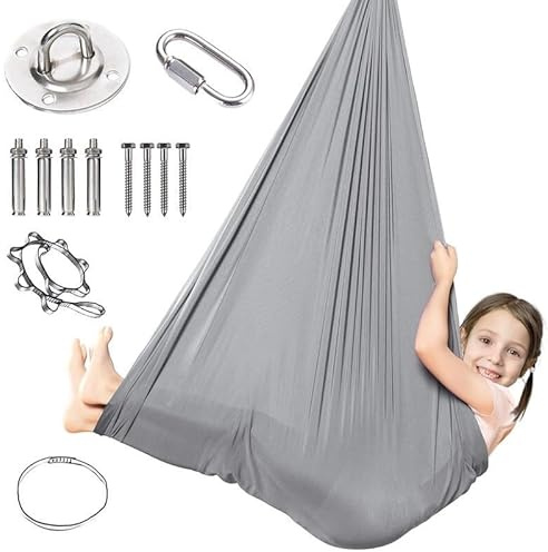 Aerial Yoga Hängematte Set 280x150 cm, Nestschaukel, inkl. Haupttuch + Verlängerungsgurt + Karabiner + Befestigungsplatte + Schrauben*8, 200kg Belastbarkeit(Silber Grau)