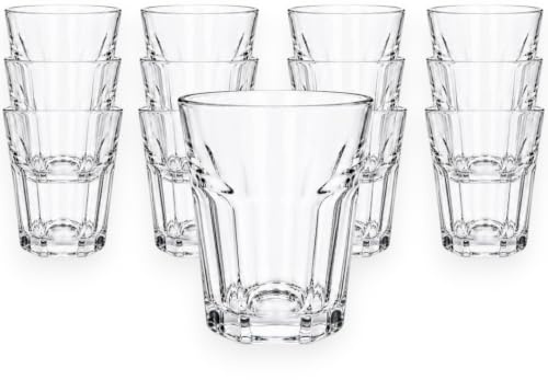 KORAT Set 12 bicchieri in vetro temperato da 360 ml, impilabili e lavabili in lavastoviglie, trasparenti, 8,5 x 12 cm