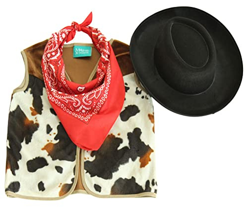 Making Believe Kids Western Rodeo Cowboy or Cowgirl Classic Costume Set - Vest, Black Hat, Bandana, Size 6-7