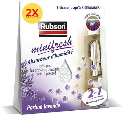 Rubson – Absorbeur d’Humidité Minifresh Parfum Lavande (2 sachets de 50 g) – Idéal pour dressing, penderie, tiroir et placard – Efficace jusqu'à 6 semaines