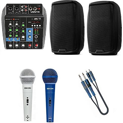 DiscoPiu_com 820 PACK Impianto Audio Completo per Discopub, DJ, Karaoke - Bluetooth, USB - 320W - 3 Canali - XLR, 1/4, 1/8, RCA - Blu e Bianco (Rosso Disponibile)