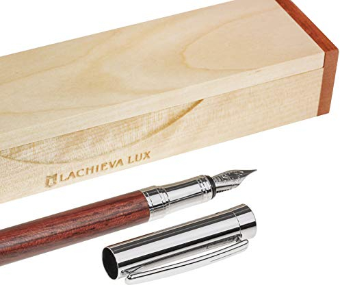 LACHIEVA LUX Füllfederhalter aus Rosenholz mit deutscher F-Feder, Holz-Geschenkbox, Konverter & 2 Tintenpatronen – Geschenk für Damen & Herren