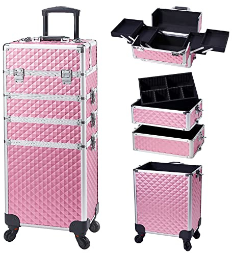 Joligrace Makeup Organiser 4-in-1 Beauty Case on Wheels Vanity Case Pink Trolley Nail Polish Organiser