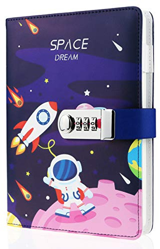 Mazeran Combination Lock Journal, PU Leather Hard Cover Space Astronaut Theme Notebook Cute Diary, A5 Lined Password Locking Personal Planner Secret Organizer Gift for Kids Teens