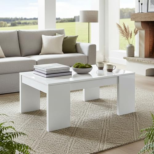 Dmora Table Basse Malibu, Table Basse avec Plateau relevable, Table Basse de Salon, 100x50h43/84 cm, Blanc Brillant