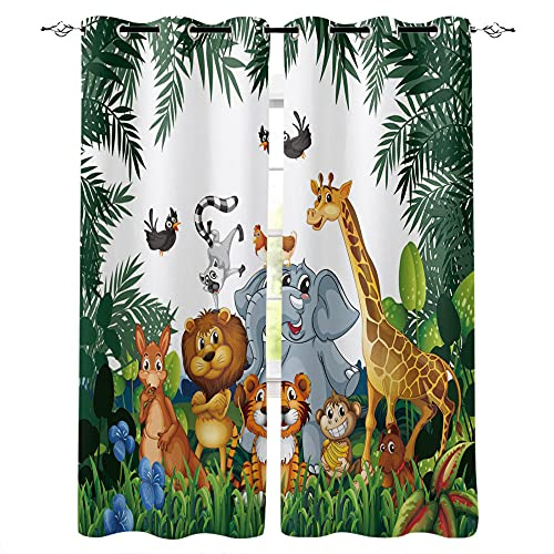 SDSONIU Tropische Dschungel-Cartoon-Tier-Giraffenlöwe Lion Elefant Vorhang für Kinder Schlafzimmer Wohnzimmer Kindervorhänge Gardinen Kinderzimmer Blickdicht Vorhang Verdunkelungsvorhänge Wärmeisolier