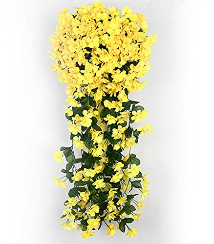 HAOSHICS 2 flores artificiales, plantas de vid colgantes violetas artificiales, guirnalda colgante de seda, flores de vid para el hogar, pared, jardín, boda, decoración de fiesta (amarillo)