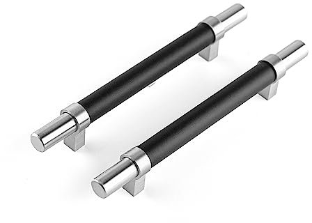 Brute Strength - Möbelgriffe - Stahl & Vollnarbenleder - 128 mm Lochabstand - Silber & Schwarz – 8 Stück - Schrankgriff, Türgriff für Küche, Badezimmer, Schränke, Kommode, Holz