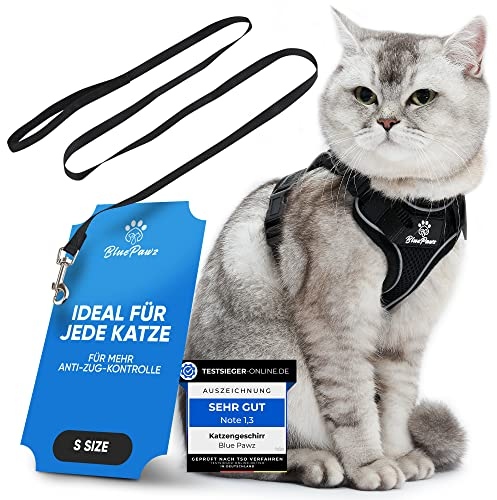 Blue Pawz Katzengeschirr mit Leine - 170cm | Katzengeschirr ausbruchsicher & hochwertig | Katzenleine mit Geschirr für Katzen | Katzen Geschirr für unvergessliche Momente (S), Schwarz