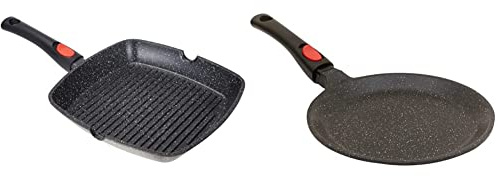 KAMBERG - Poêle Grill 28 x 28 cm - Manche Amovible - Fonte d'Aluminium - Revêtement Type Pierre - Tous Feux dont Induction - Sans PFOA & Crêpière 24 cm - Manche Amovible - Fonte d'Aluminium