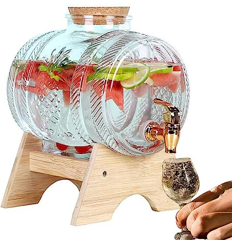 Distributore di bevande in vetro con rubinetto, a prova di perdite, tappi in legno, barattoli trasparenti, perfetto per ufficio, campeggio, succhi di frutta, bottiglie di vetro, 3 l