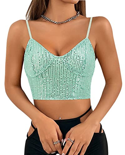 Naimo Damen Glitzer Pailletten Crop Top Ärmellos V-Ausschnitt Tank Tops Weste Sparkle Camisole Bluse Party Rave Oberteile