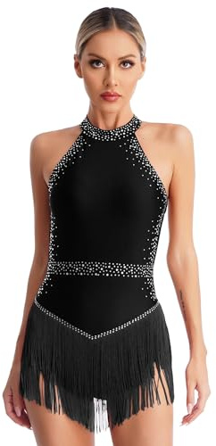 Alvivi Damen Latein Tanzkleid Glitzer Ballettkleid mit Fransen Rock Eiskunstlauf Kleid Ballerina Salsa Tango Rumba Chacha Jazz Tanzkleidung