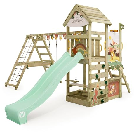 Wickey Disney The Lion King Story Play Tower - Wooden Playset with Slide, Swings, Sandpit, Climbing Wall & Ladder, 260 cm High, 100 kg Max