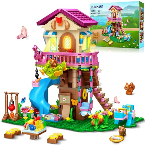 CUBIMANA Baumhaus-Bauspielzeug mit LED-Licht – 618 Stück Baumhaus-Bausteinset, 3-stöckiges Hausbauset mit Rutsche und Aufklebern, Geschenk Spielzeug für Kinder, Mädchen Jungen ab 6 7 8 9 10 11+ Jahren