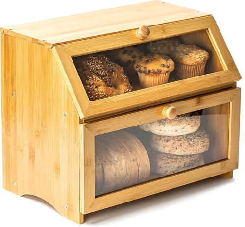 TINMAGI Portapan Legno in Bambù, Contenitore Pane a Doppio con Finestra Trasparente, per Conservare il Pane, 39.5 x 25 x 32 cm