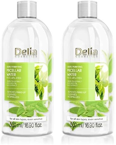Delia Cosmetics Detergente per il viso con acqua micellare con estratto di tè verde e olio di avocado, pulizia profonda, rinfrescante, riduzione della produzione di sebo, 500 ml (Confezione da 2)