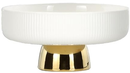 EEYZD Frutero cerámica,frutero Redondo con Pedestal Dorado,frutero Decorativo Moderno para encimera Cocina,Bandeja para exhibición de postres y ensaladas,Blanca,11in