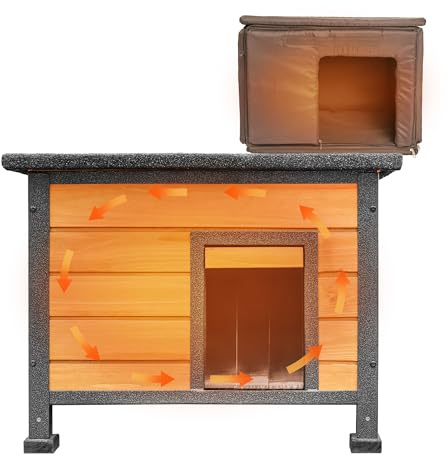 Seiyierr Katzenhaus aus Holz für den Innenbereich mit isoliertem Futter für den Winter, Wildkatzenunterschlupf, rundum Eisenrahmen und wasserdichter Unterschlupf für den Außenbereich (braun)
