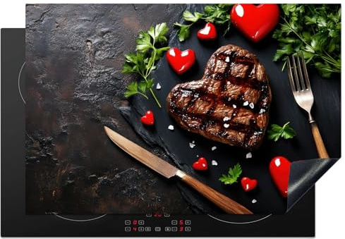 KitchenYeah© Herdabdeckplatte 77x51 cm Einteilig Ceranfeld Abdeckplatte Küche Deko Ceranfeldabdeckung Herdabdeckung Induktionsmatte Steak - Herz - Valentins Geschenke - Valentinstag Geschenk