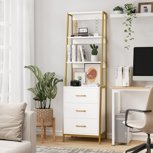 Scaffale a scala a 3 ripiani, in legno e metallo, con 3 cassetti, scaffale per libri, soggiorno, camera da letto, ufficio, casa, elegante espositore