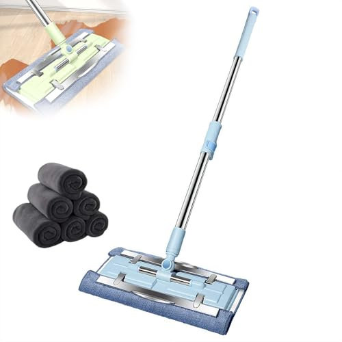 Mocio in microfibra per la pulizia dei pavimenti, mocio piatto bagnato asciutto e polvere con 6 panni lavabili, manico telescopico in acciaio inox 86-127 cm, testa rotante a 360°, per legno duro