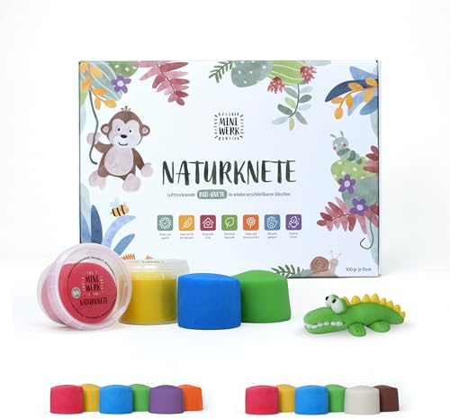 Miniwerk Bio Knete Set Kinder 4x 100gr., Geschenk Mädchen & Jungen 4 5 Jahre – Knete ab 2 Jahre ungiftig und vegan – Schultüte Füllung & Kindergeburtstag (Rot, Blau, Grün, Gelb), Softknete