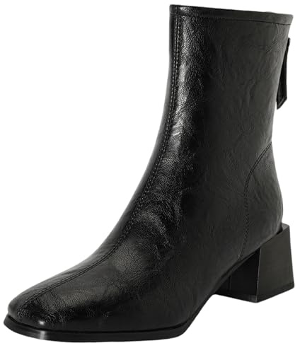 XIEPP Botines de mujer estilo retro con punta cuadrada, con cremallera, forro cálido para otoño e invierno, Negro , 41 EU