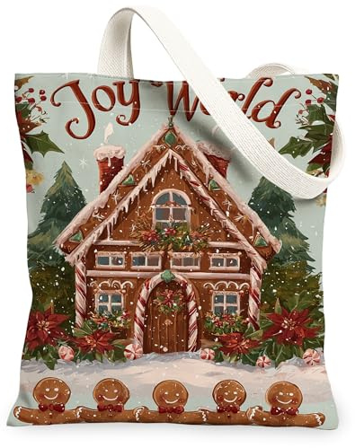 Sacs fourre-tout en toile de Noël motif maison en pain d'épices, sacs d'épicerie réutilisables, vintage, légers et lavables pour voyage, pique-nique, 33 x 38 cm
