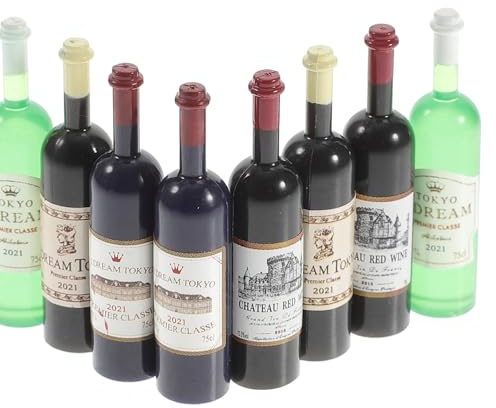GARVALON 8 Pezzi Mini Bottiglie di Vino Decorative in Plastica per Casa delle Bambole, Modelli in Miniatura per Decorazioni Scenografiche e Kit Fai da Te, Accessori per Ambientazioni