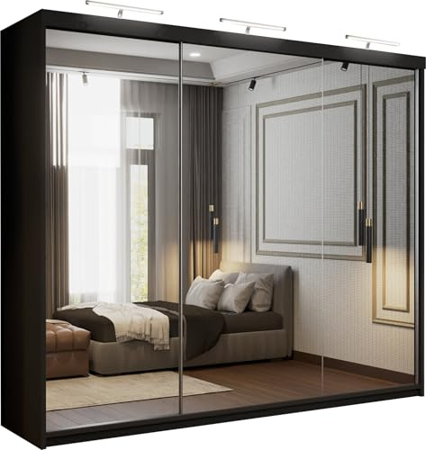 SLIDING WARDROBE 4U Modern Mirrored Sliding Door Wardrobe with LED Light, Freestanding Bedroom Wardrobe, Customizable Interior, 90/100/120/150/180/203/250cm, MDF Chipboard (Black, 250cm)