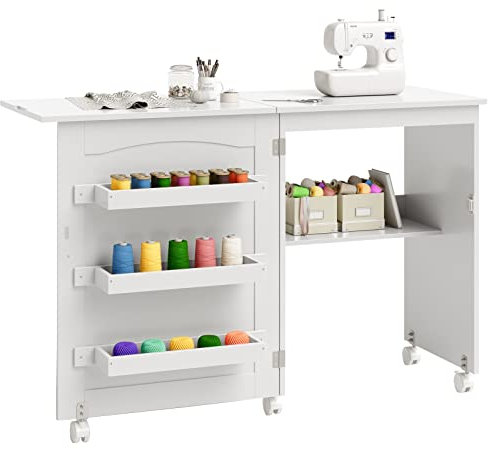 Giantex Nähwagen Tisch mit Ablageflächen und abschließbaren Rollen für Heimmöbel, faltbar, Nähschrank, Weiß