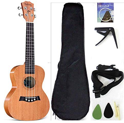 Konzert-Ukulele, massive Oberseite, Mahagoni, 58,4 cm, mit Ukulelen-Zubehör mit Gigbag, Gurt, Nylon-Saite, Gitarren-Trigger-Kapodaster, Plektren