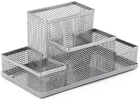 FülleMore Schreibtisch Organizer aus Metall 4 Fächer Multifunktional Aufbewahrungsbox Zettehalter Büroorganizer für Stifte, Büroklammern,Klebeband (Silber)