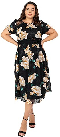 Lovedrobe Vestidos de Talla Grande para Mujer, Verano, con Bolsillos, Manga Corta con Forma de Globo, Cuello Redondo, Vestido Midi para Hombre, Negro