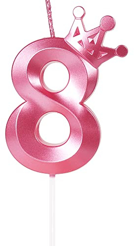 Vela de Cumpleaños Número 8 Rosa 3D con Decoración de Corona Grande para Tartas y Decoración