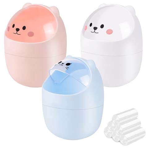SHAIDOJIO 3 Pack Cute Mini Trash Can, Desktop Trash Can with Lid, Small Garbage Can with 180 Trash Bags, Tiny Countertop Wastebasket for Kids, Kawaii Waste Bin for Office Bedroom Bathrooms Desk Car