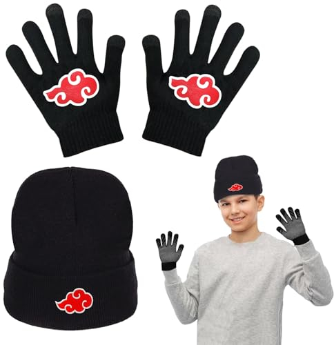 Crunier Anime Mütze+Handschuhe Winter,Mützen Fingerhandschuhe,Strickmütze Winter Gestrickte Warm Kappe,Anime Kit,Unisex Hat Strickhandschuhe für Kinder Erwachsene Fans