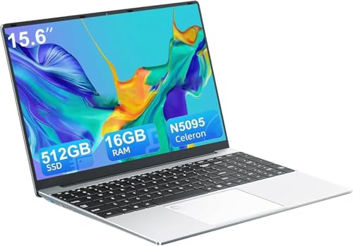 PC Portatile 15.6“ 16GB RAM DDR4 512GB SSD, Celeron N5095 Computer Portatile, Win11 Pro, angolo aperto di 180°, USB 3.0, Sblocco tramite impronta digitale della tastiera retroilluminata Laptop