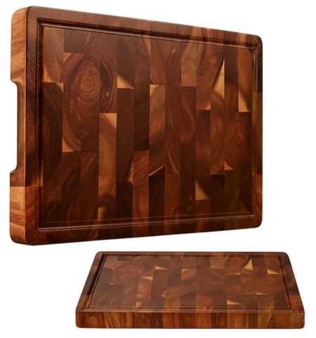 Acacia Wood Chopping Board 35×25×2.8cm, End Grain Cutting Board Butchers Block with Juice Groove & Side Handles, Reversible Charcuterie Board for Meat, Vegetables, Fruit and Cheese