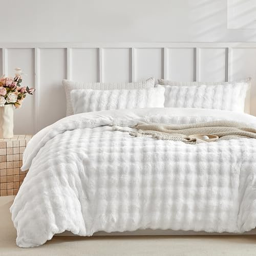 Tokokimo Fluffy Duvet Cover Set King Size, Faux Fur Duvet Cover Set Soft Reversible Bedding Set, White Comforter Cover with 2 Pillow Cases, All Season Fuzzy Comforter Cover Set