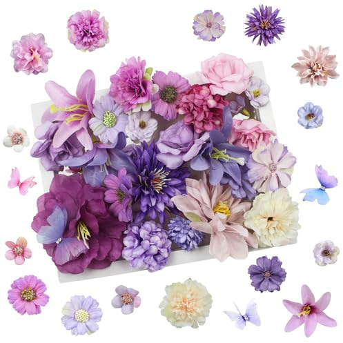 MoguGo 50 Stück Kunstblumen zum Basteln – 10 Farben Stoffblumen 2–8cm, Kunstblumen Köpfe für DIY Projekte, Mini deko Blumen künstlich für Scrapbooking, Hochzeit, Party, Home Deko (Lila)