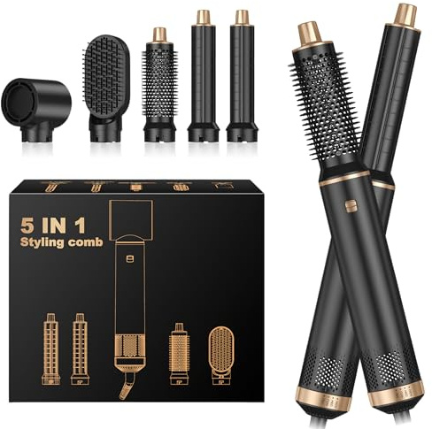 Brosse Soufflante Airbrush 5 en 1 Air Styler Seche Cheveux Mulit Air Brush Set, Or Noir Hair Boucleur à Cheveux Automatique 3 Vent-Température (Sécher, Boucler, Lissante) (noir-13)
