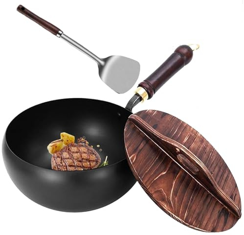 Japanisches Eisenpfannen-Set mit Holzdeckel, handgeschmiedeter, antihaftbeschichteter Wok und Rührpfannen, vielseitiger großer Bauchtopf für alle Kochfelder, unbeschichtetes Gusseisen-Kochgeschirr