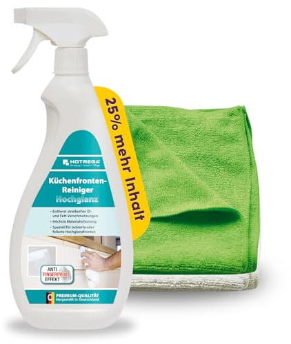 HOTREGA Küchenfronten Reiniger Hochglanz 750ml | Inkl. 2 Mikrofasertücher | Intensivreiniger gegen Fett & Fingerabdrücke | Für Lack-, Folien- & Glasflächen | Staubabweisende Wirkung | Ergiebig