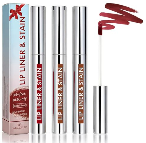 3 Pcs Delineador de Labios Peel Off, Perfilador Labios Permanente e Impermeable, Lip Tint Stain de Larga Duración con Colores Vivos (Cacao + Rojo Marrón + Nude Card)