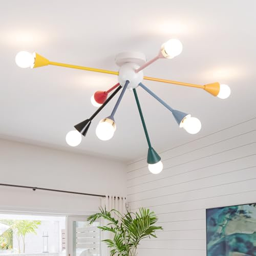 Lanmorn Moderne Sputnik Deckenleuchte 8 Flammig, Bunte Design Deckenlampe für Wohnzimmer, Kinderzimmer, Farbenfroher Kronleuchter aus Metall, Ø 77cm für E14 Leuchtmittel, Mehrfarbig
