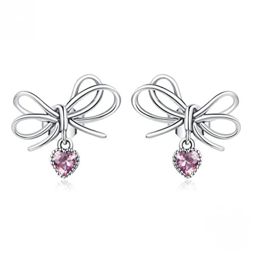 ZUOZUIYQ Boucles d'oreilles en Argent Sterling S925 pour Femmes, Boucles d'oreilles en Forme de cœur avec nœud de noël, Accessoires d'oreille d'été, Rose, Argent 925
